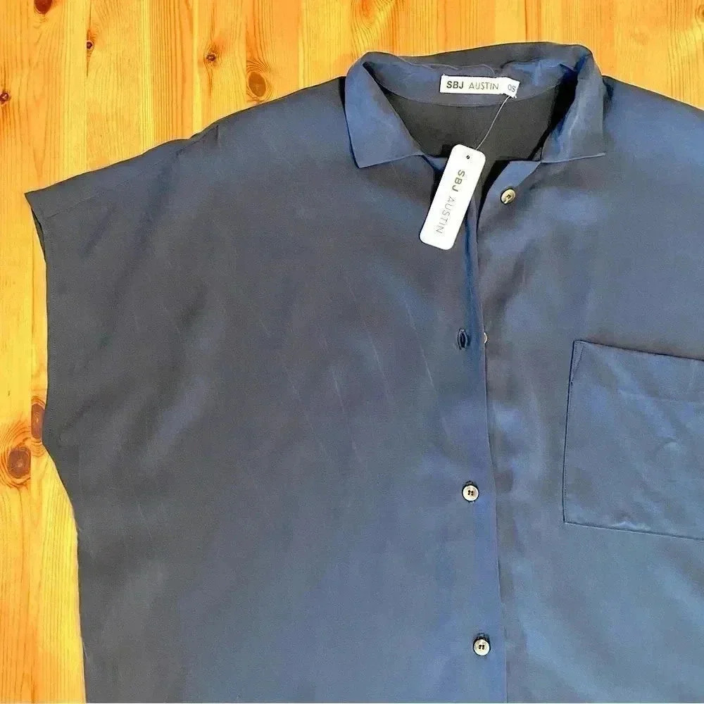 New SBJ Austin Navy Blue Midi Shirtdress Size Large Cottagecore Prairie Coastal - Picture 11 of 15